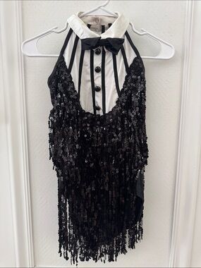 Weissman Black and White Sequin Fringe Halter Dress with Bow